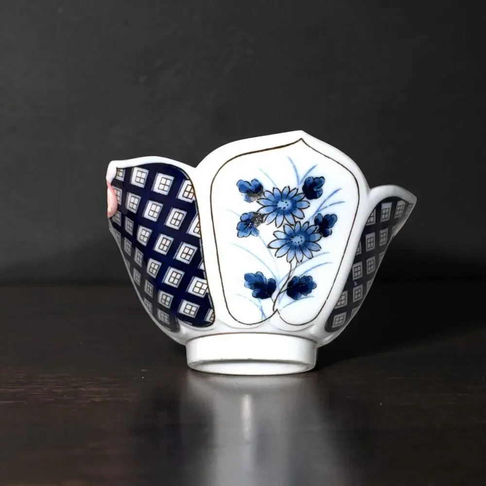 Set of 5 Blue White Porcelain Rice Bowls Floral Bamboo Geometric Scalloped Edge